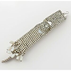 Vintage Rhinestone Wide Bracelet Faux Pearl Dangle 3 Dimensional Adjustable